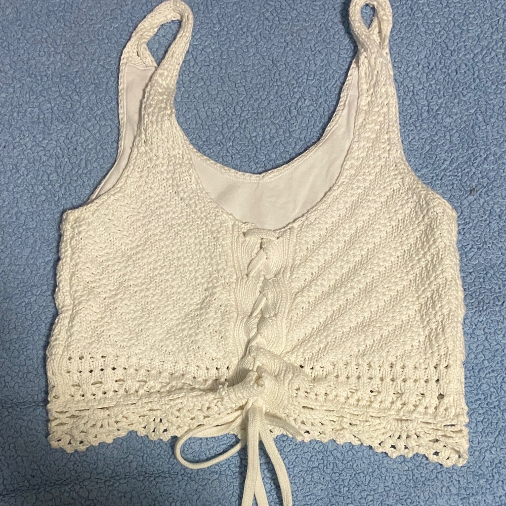 White Lace-Up Knit Crop Top